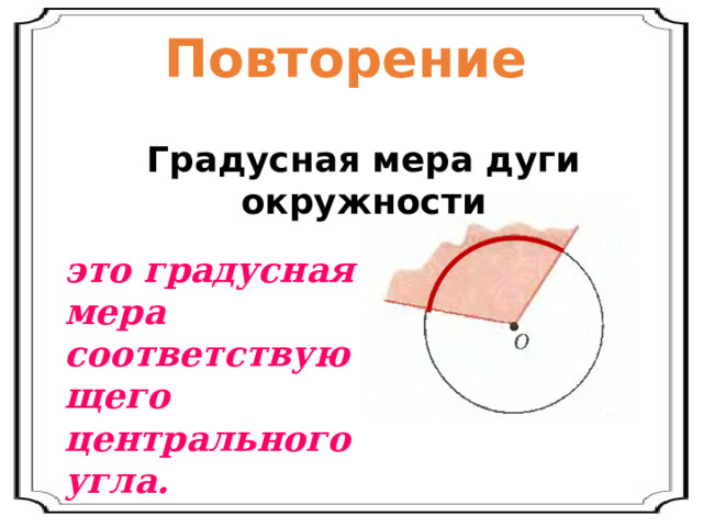 Повторение Градусная мера дуги окружности это градусная мера соответствующего центрального угла. 