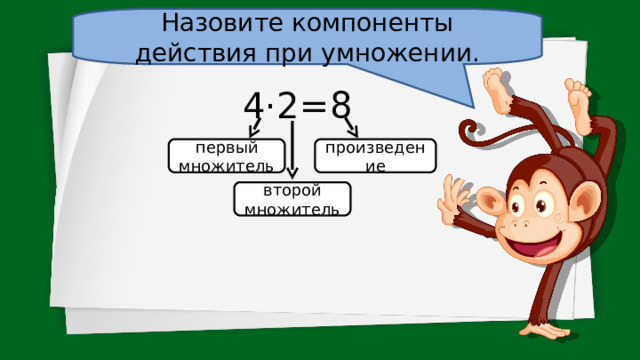 Назовите компоненты действия при умножении. 8 4·2= первый множитель произведение второй множитель 