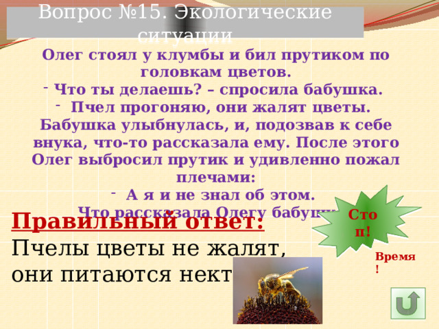 Вопрос №15. Экологические ситуации Олег стоял у клумбы и бил прутиком по головкам цветов. Что ты делаешь? – спросила бабушка.  Пчел прогоняю, они жалят цветы. Бабушка улыбнулась, и, подозвав к себе внука, что-то рассказала ему. После этого Олег выбросил прутик и удивленно пожал плечами:  А я и не знал об этом. Что рассказала Олегу бабушка? 8 13 12 11 10 9 4 7 6 5 3 2 1 Стоп! 14 15 16 25 30 29 28 27 17 26 24 23 22 21 20 19 18 Правильный ответ: Пчелы цветы не жалят, они питаются нектаром! Время! 