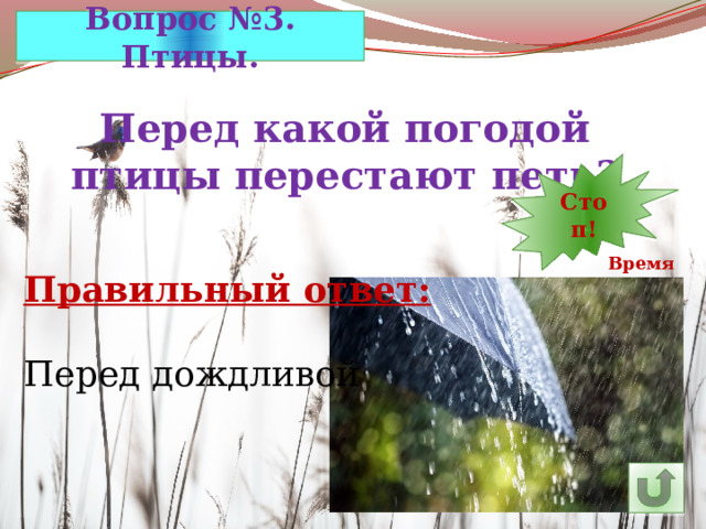 Вопрос №3. Птицы. Перед какой погодой птицы перестают петь? 13 30 Стоп! 1 2 3 4 5 6 7 8 9 10 11 29 12 14 23 28 27 26 25 15 24 22 21 20 19 18 17 16 Время! Правильный ответ: Перед дождливой 