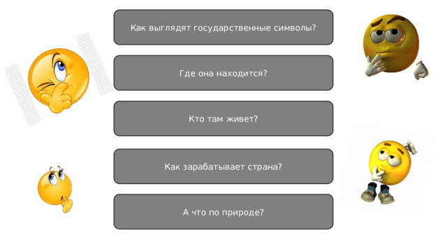 Как выглядят государственные символы? Где она находится? Кто там живет? Как зарабатывает страна? А что по природе? 