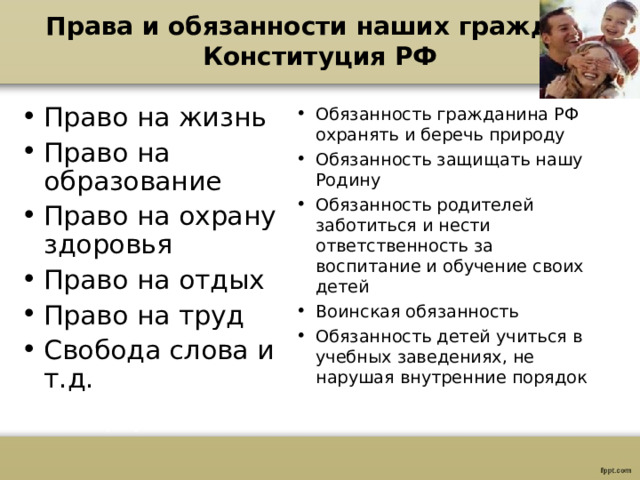 Права и обязанности наших граждан.  Конституция РФ Обязанность гражданина РФ охранять и беречь природу Обязанность защищать нашу Родину Обязанность родителей заботиться и нести ответственность за воспитание и обучение своих детей Воинская обязанность Обязанность детей учиться в учебных заведениях, не нарушая внутренние порядок Право на жизнь Право на образование Право на охрану здоровья Право на отдых Право на труд Свобода слова и т.д. 