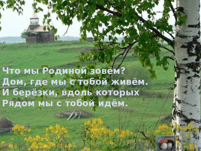  Что мы Родиной зовём?  Дом, где мы с тобой живём.  И берёзки, вдоль которых  Рядом мы с тобой идём.   
