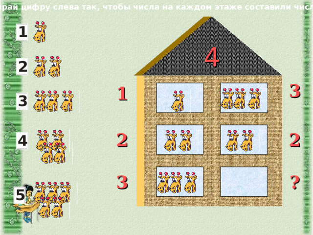 Выбирай цифру слева так, чтобы числа на каждом этаже составили число 4 4 3 1 2 2 3 ? 