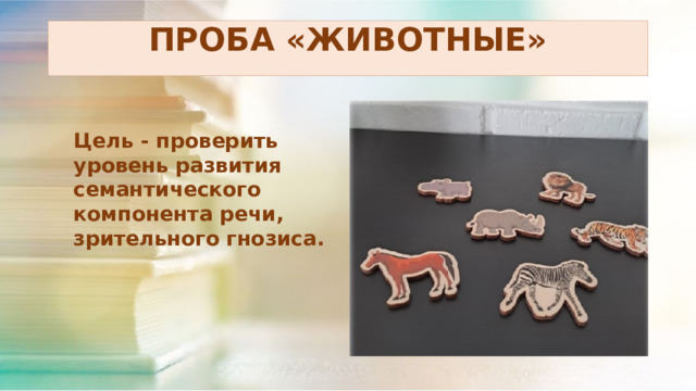 ПРОБА «ЖИВОТНЫЕ» Цель - проверить уровень развития семантического компонента речи, зрительного гнозиса. 