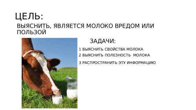 ЦЕЛЬ: ВЫЯСНИТЬ, ЯВЛЯЕТСЯ МОЛОКО ВРЕДОМ ИЛИ ПОЛЬЗОЙ ЗАДАЧИ: 1 ВЫЯСНИТЬ СВОЙСТВА МОЛОКА 2 ВЫЯСНИТЬ ПОЛЕЗНОСТЬ МОЛОКА 3 РАСПРОСТРАНИТЬ ЭТУ ИНФОРМАЦИЮ 