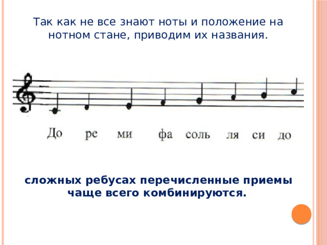Так как не все знают ноты и положение на нотном стане, приводим их названия.   сложных ребусах перечисленные приемы чаще всего комбинируются. 