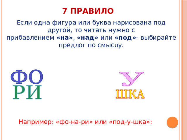 7 правило Если одна фигура или буква нарисована под другой, то читать нужно с прибавлением  «на» ,  «над»  или  «под» - выбирайте предлог по смыслу.   Например: «фо-на-ри» или «под-у-шка»: 