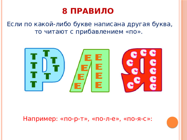 8 правило Если по какой-либо букве написана другая буква, то читают с прибавлением «по». Например: «по-р-т», «по-л-е», «по-я-с»: 