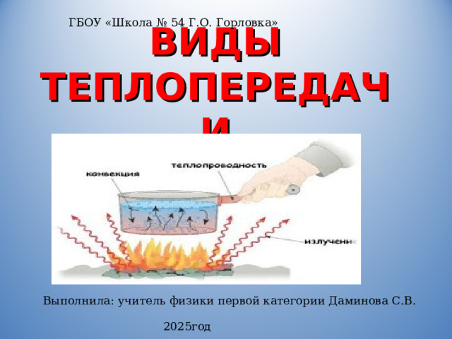 ГБОУ «Школа № 54 Г.О. Горловка»   ВИДЫ ТЕПЛОПЕРЕДАЧИ Выполнила: учитель физики первой категории Даминова С.В. 2025год 