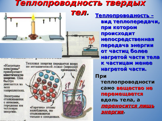 Теплопроводность твердых тел . Теплопроводность –  вид теплопередачи, при котором происходит непосредственная передача энергии от частиц более нагретой части тела к частицам менее нагретой части. При теплопроводности само вещество не перемещается вдоль тела, а переносится лишь энергия . 