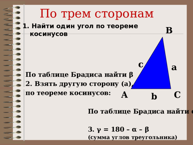 По трем сторонам 1. Найти один угол по теореме косинусов B  c a По таблице Брадиса найти β 2. Взять другую сторону (a), по теореме косинусов: C A b По таблице Брадиса найти α  3. γ = 180 – α – β (сумма углов треугольника)  