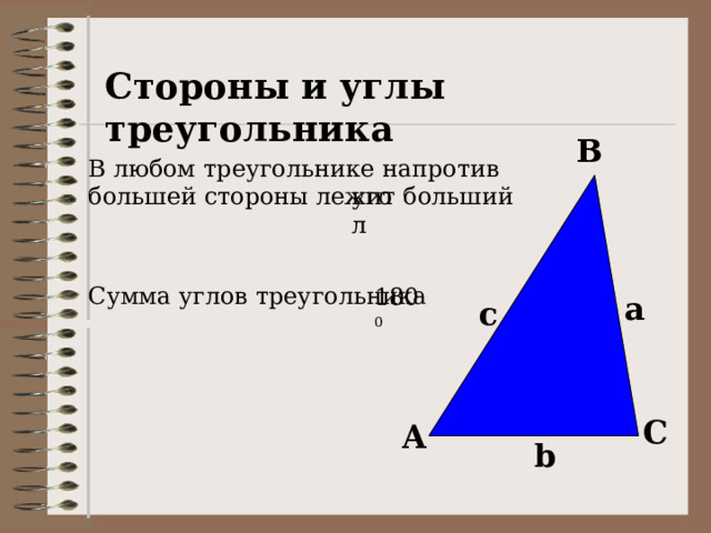 Стороны и углы треугольника B В любом треугольнике напротив большей стороны лежит больший  угол Сумма углов треугольника 180 0 a c C A b 