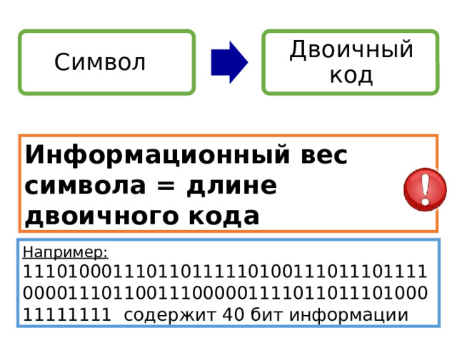 Символ Двоичный код Информационный вес символа = длине двоичного кода Двоичное кодирование универсально. С помощью двоичного кода можно закодировать любой символ. Например: 11101000111011011111010011101110111100001110110011100000111101101110100011111111 содержит 40 бит информации 13 