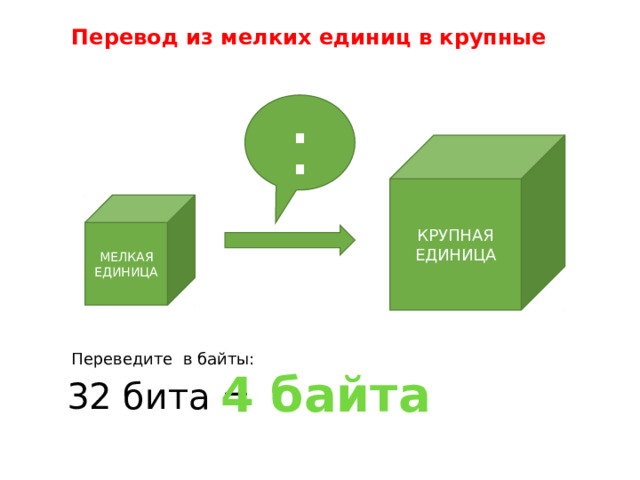 Перевод из мелких единиц в крупные : КРУПНАЯ ЕДИНИЦА МЕЛКАЯ ЕДИНИЦА Переведите в байты: 4 байта 32 бита = 
