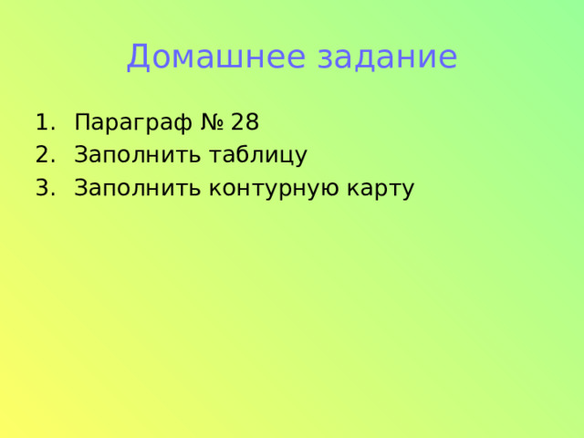 Домашнее задание Параграф № 28 Заполнить таблицу Заполнить контурную карту 