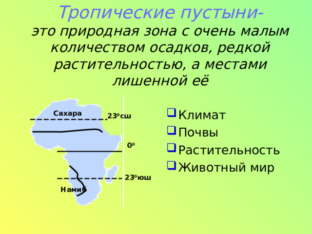 Тропические пустыни-  это  природная зона с очень малым  количеством осадков, редкой растительностью, а местами лишенной её   Климат Почвы Растительность Животный мир Сахара 23 0 сш 0 0 23 0 юш Намиб 
