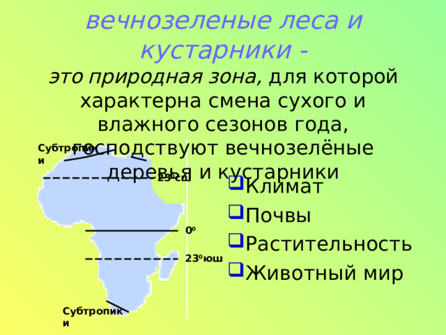 Жестколистные вечнозеленые леса и кустарники -  это  природная зона, для которой характерна смена сухого и влажного сезонов года, господствуют вечнозелёные деревья и кустарники Субтропики 23 0 сш Климат Почвы Растительность Животный мир 0 0 23 0 юш Субтропики 