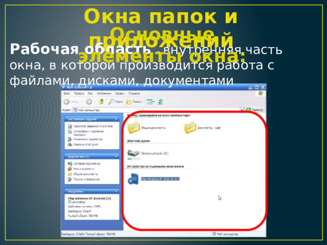 Окна папок и приложений Основные элементы окна: Рабочая область – внутренняя часть окна, в которой производится работа с файлами, дисками, документами 