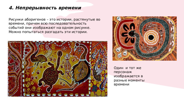 4. Непрерывность времени Рисунки аборигенов – это истории, растянутые во времени, причем всю последовательность событий они изображают на одном рисунке. Можно попытаться разгадать эти истории. Один и тот же персонаж изображается в разные моменты времени 