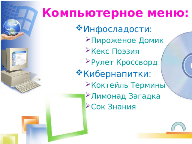 Компьютерное меню: Инфосладости: Пироженое Домик Кекс Поэзия Рулет Кроссворд Пироженое Домик Кекс Поэзия Рулет Кроссворд Кибернапитки: Коктейль Термины Лимонад Загадка Сок Знания Коктейль Термины Лимонад Загадка Сок Знания 