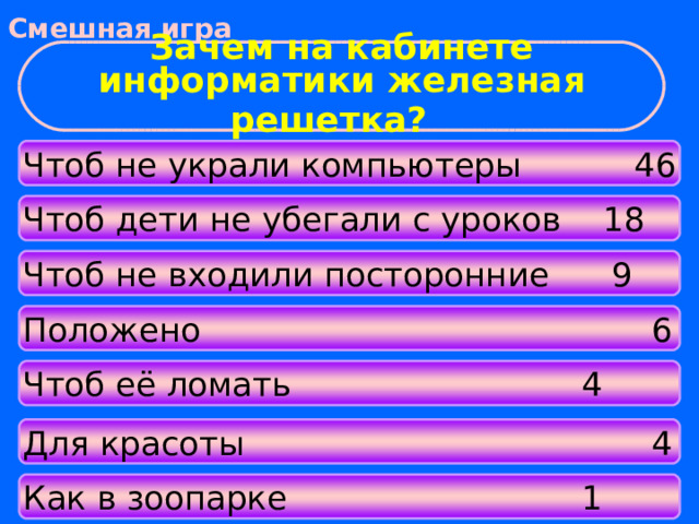 Смешная игра Зачем на кабинете информатики железная решетка?   Чтоб не украли компьютеры  46 Чтоб дети не убегали с уроков 18 Чтоб не входили посторонние 9 Положено        6 Чтоб её ломать      4 Для красоты       4 Как в зоопарке      1 