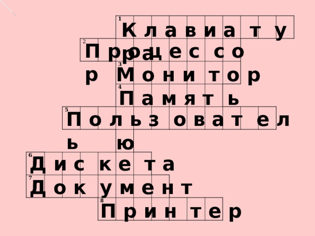 К л а в и а т у р а 2 1 5 6 7 3 4 8 П р о ц е с с о р М о н и т о р П а м я т ь П о л ь з о в а т е л ь ю Д и с к е т а Д о к у м е н т П р и н т е р 