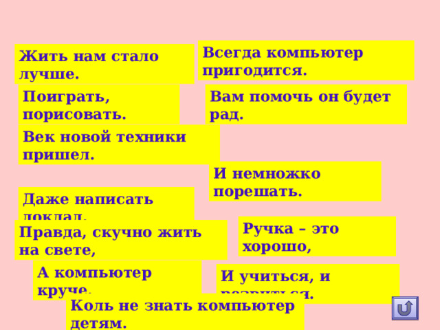 Всегда компьютер пригодится. Жить нам стало лучше. Поиграть, порисовать. Вам помочь он будет рад. Век новой техники пришел. И немножко порешать. Даже написать доклад. Ручка – это хорошо, Правда, скучно жить на свете, А компьютер круче. И учиться, и резвиться. Коль не знать компьютер детям. 