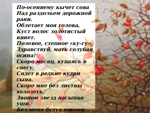 По-осеннему кычет сова  Над раздольем дорожной рани.  Облетает моя голова,  Куст волос золотистый вянет. Полевое, степное «ку-гу»,  Здравствуй, мать голубая осина!  Скоро месяц, купаясь в снегу,  Сядет в редкие кудри сына. Скоро мне без листвы холодеть,  Звоном звезд насыпая уши.  Без меня будут юноши петь,  Не меня будут старцы слушать. Новый с поля придет поэт,  В новом лес огласится свисте.  По-осеннему сыплет ветр,  По-осеннему шепчут листья. 1920 г. 