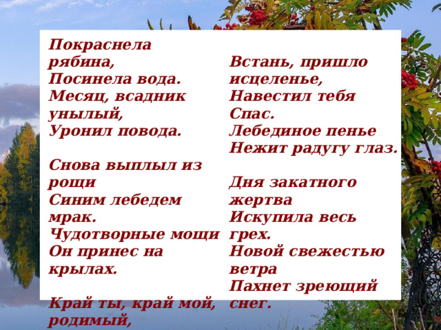 Покраснела рябина,  Посинела вода.  Месяц, всадник унылый,  Уронил повода.   Снова выплыл из рощи  Синим лебедем мрак.  Чудотворные мощи  Он принес на крылах. Встань, пришло исцеленье,  Навестил тебя Спас.  Лебединое пенье  Нежит радугу глаз.   Край ты, край мой, родимый,  Вечный пахарь и вой,  Словно Вольга под ивой,  Ты поник головой. Дня закатного жертва  Искупила весь грех.  Новой свежестью ветра  Пахнет зреющий снег.   Но незримые дрожди  Все теплей и теплей…  Помяну тебя в дождик  Я, Есенин Сергей. 1916 г. 