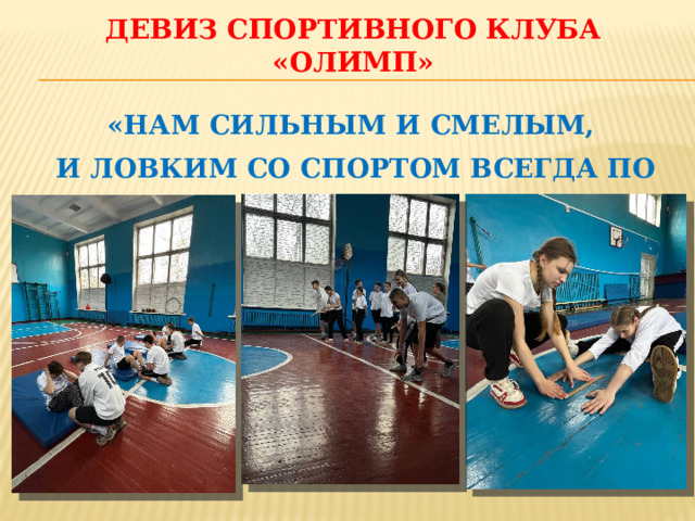 ДЕВИЗ СПОРТИВНОГО КЛУБА «ОЛИМП»  «НАМ СИЛЬНЫМ И СМЕЛЫМ, И ЛОВКИМ СО СПОРТОМ ВСЕГДА ПО ПУТИ»  