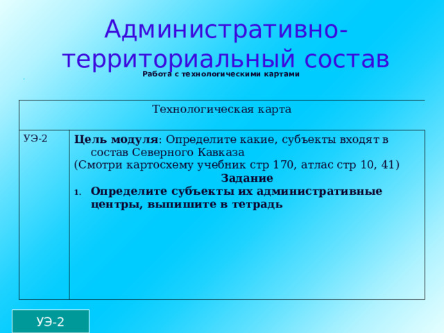 Административно-территориальный состав Работа с технологическими картами Технологическая карта УЭ-2 Цель модуля : Определите какие, субъекты входят в состав Северного Кавказа (Смотри картосхему учебник стр 170, атлас стр 10, 41) Задание Определите субъекты их административные центры, выпишите в тетрадь  УЭ-2 