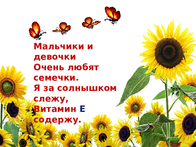 Мальчики и девочки Очень любят семечки. Я за солнышком слежу, Витамин Е содержу. 