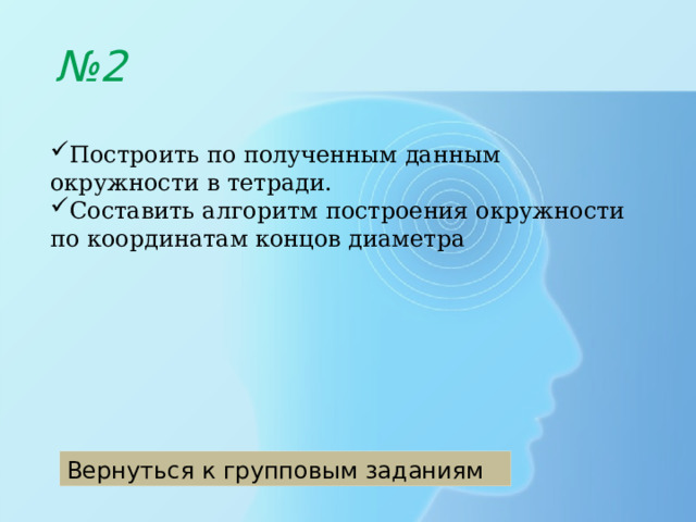 № 2 Построить по полученным данным окружности в тетради. Составить алгоритм построения окружности по координатам концов диаметра Вернуться к групповым заданиям 
