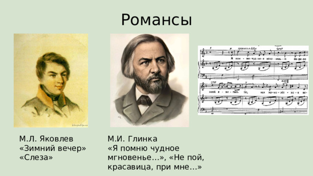 Романсы М.Л. Яковлев  «Зимний вечер»  «Слеза» М.И. Глинка  «Я помню чудное мгновенье…», «Не пой, красавица, при мне…» 