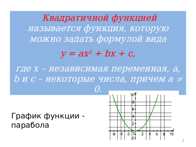  Квадратичной функцией называется функция, которую можно задать формулой вида  y = ax 2 + bx + c,  где x – независимая переменная, a, b и c – некоторые числа, причем a  0. График функции - парабола  