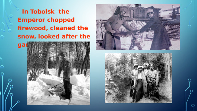  In Tobolsk the Emperor chopped firewood, cleaned the snow, looked after the garden.   