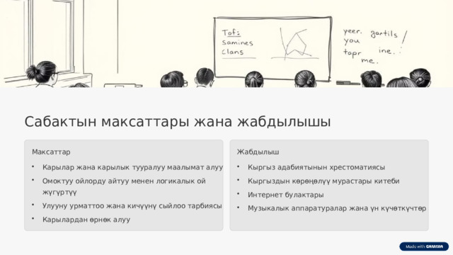 Сабактын максаттары жана жабдылышы Максаттар Жабдылыш Карылар жана карылык тууралуу маалымат алуу Кыргыз адабиятынын хрестоматиясы Омоктуу ойлорду айтуу менен логикалык ой жүгүртүү Кыргыздын көрөңөлүү мурастары китеби Интернет булактары Улууну урматтоо жана кичүүнү сыйлоо тарбиясы Музыкалык аппаратуралар жана үн күчөткүчтөр Карылардан өрнөк алуу  