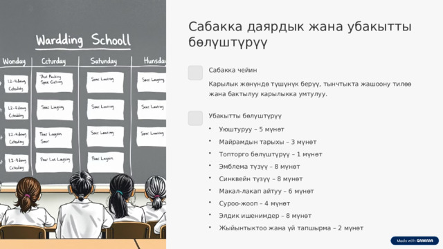 Сабакка даярдык жана убакытты бөлүштүрүү Сабакка чейин Карылык жөнүндө түшүнүк берүү, тынчтыкта жашоону тилөө жана бактылуу карылыкка умтулуу. Убакытты бөлүштүрүү Уюштуруу – 5 мүнөт Майрамдын тарыхы – 3 мүнөт Топторго бөлүштүрүү – 1 мүнөт Эмблема түзүү – 8 мүнөт Синквейн түзүү – 8 мүнөт Макал-лакап айтуу – 6 мүнөт Суроо-жооп – 4 мүнөт Элдик ишенимдер – 8 мүнөт Жыйынтыктоо жана үй тапшырма – 2 мүнөт  