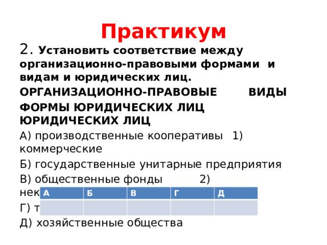 Практикум 2. Установить соответствие между организационно-правовыми формами и видам и юридических лиц. ОРГАНИЗАЦИОННО-ПРАВОВЫЕ   ВИДЫ ФОРМЫ ЮРИДИЧЕСКИХ ЛИЦ  ЮРИДИЧЕСКИХ ЛИЦ А) производственные кооперативы  1) коммерческие Б) государственные унитарные предприятия В) общественные фонды    2) некоммерческие Г) товарищества собственников жилья Д)  хозяйственные общества А Б В Г Д 