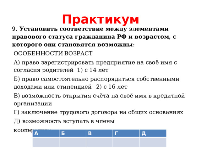 Практикум 9. Установить соответствие между элементами правового статуса гражданина РФ и возрастом, с которого они становятся возможны : ОСОБЕННОСТИ      ВОЗРАСТ А) право зарегистрировать предприятие на своё имя с согласия родителей       1) с 14 лет Б) право самостоятельно распорядиться собственными доходами или стипендией      2) с 16 лет В) возможность открытия счёта на своё имя в кредитной организации Г) заключение трудового договора на общих основаниях Д) возможность вступать в члены кооператива А Б В Г Д 