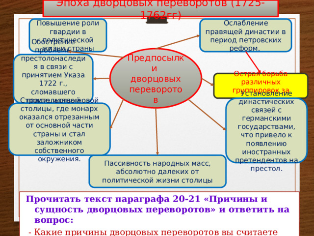 Эпоха дворцовых переворотов (1725-1762гг)  Прочитать текст параграфа 20-21 «Причины и сущность дворцовых переворотов» и ответить на вопрос:  - Какие причины дворцовых переворотов вы считаете главными? Повышение роли гвардии в политической жизни страны Ослабление правящей династии в период петровских реформ. Предпосылки дворцовых переворотов Обострение проблемы престолонаследия в связи с принятием Указа 1722 г., сломавшего традиционный механизм передачи власти Острая борьба различных группировок за власть, Установление династических связей с германскими государствами, что привело к появлению иностранных претендентов на престол. Строительство новой столицы, где монарх оказался отрезанным от основной части страны и стал заложником собственного окружения. Пассивность народных масс, абсолютно далеких от политической жизни столицы  