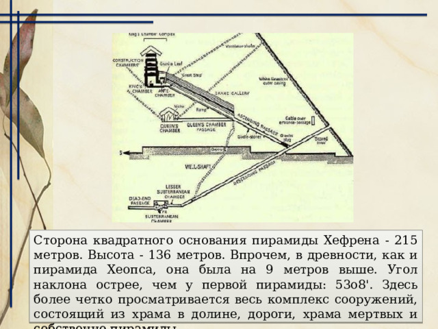 Она была построена на 40 лет позже первой, возле верхушки пирамиды частично сохранилась облицовка. Иной раз кажется, что эта пирамида больше, чем пирамида Хеопса. На самом деле она немного меньше. 