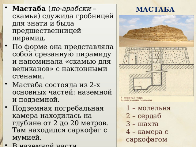 Сторона квадратного основания пирамиды Хефрена - 215 метров. Высота - 136 метров. Впрочем, в древности, как и пирамида Хеопса, она была на 9 метров выше. Угол наклона острее, чем у первой пирамиды: 53o8'. Здесь более четко просматривается весь комплекс сооружений, состоящий из храма в долине, дороги, храма мертвых и собственно пирамиды. 