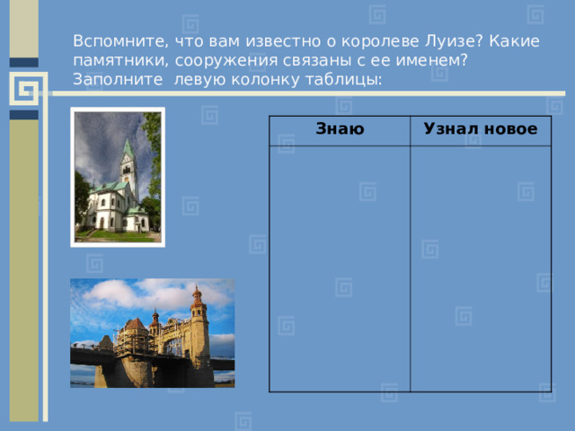 Вспомните, что вам известно о королеве Луизе? Какие памятники, сооружения связаны с ее именем?  Заполните левую колонку таблицы: Знаю Узнал новое 