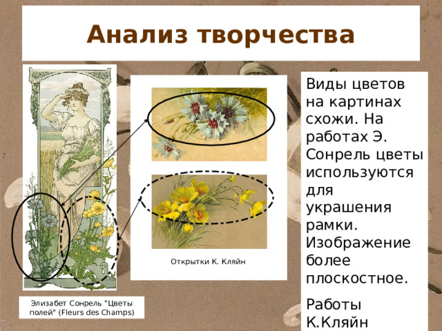 Анализ творчества Виды цветов на картинах схожи. На работах Э. Сонрель цветы используются для украшения рамки. Изображение более плоскостное. Работы К.Кляйн содержат светотени. Открытки К. Кляйн Элизабет Сонрель 
