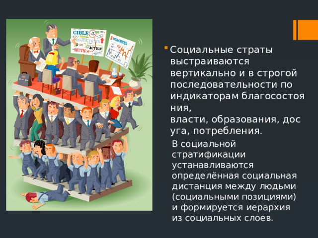 Социальные страты выстраиваются вертикально и в строгой последовательности по индикаторам благосостояния, власти, образования, досуга, потребления. В социальной стратификации устанавливаются определённая социальная дистанция между людьми (социальными позициями) и формируется иерархия из социальных слоев.   