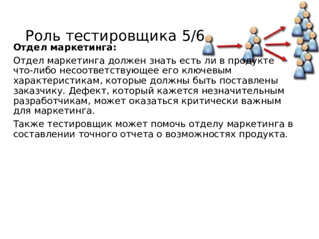 Роль тестировщика 5/6 Отдел маркетинга: Отдел маркетинга должен знать есть ли в продукте что-либо несоответствующее его ключевым характеристикам, которые должны быть поставлены заказчику. Дефект, который кажется незначительным разработчикам, может оказаться критически важным для маркетинга. Также тестировщик может помочь отделу маркетинга в составлении точного отчета о возможностях продукта. 1 