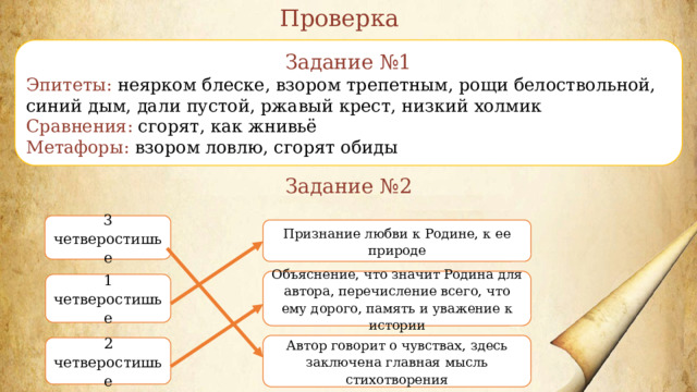 Проверка Задание №1 Эпитеты: неярком блеске, взором трепетным, рощи белоствольной, синий дым, дали пустой, ржавый крест, низкий холмик Сравнения: сгорят, как жнивьё Метафоры: взором ловлю, сгорят обиды Задание №2 3 четверостишье Признание любви к Родине, к ее природе Объяснение, что значит Родина для автора, перечисление всего, что ему дорого, память и уважение к истории 1 четверостишье   Автор говорит о чувствах, здесь заключена главная мысль стихотворения 2 четверостишье 