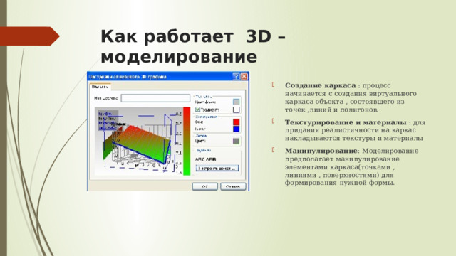 Как работает 3D – моделирование Создание каркаса : процесс начинается с создания виртуального каркаса объекта , состоявшего из точек ,линий и полигонов. Текстурирование и материалы : для придания реалистичности на каркас накладываются текстуры и материалы Манипулирование : Моделирование предполагает манипулирование элементами каркаса(точками , линиями , поверхностями) для формирования нужной формы. 